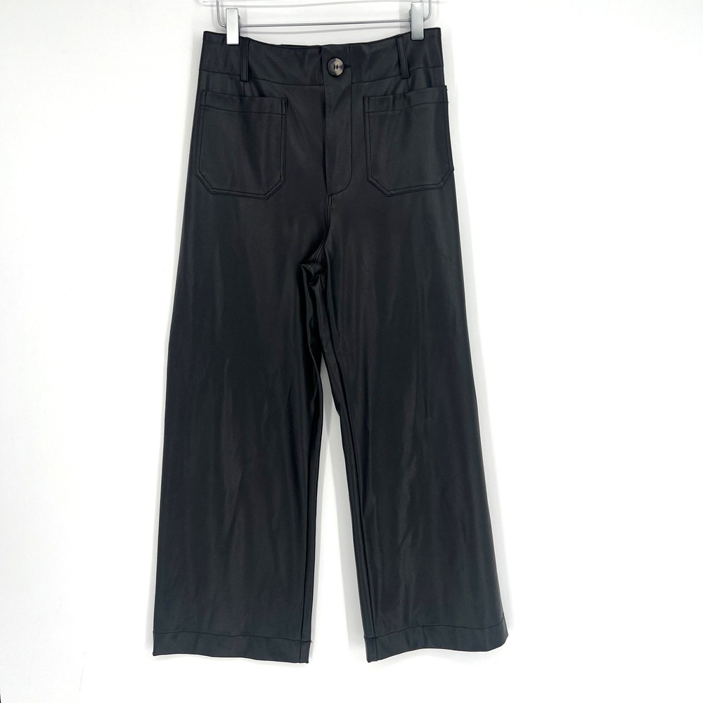 Maeve Colette Pants Women 26 Faux Leather Biker Wide Leg High Rise Anthropologie - Picture 2 of 12
